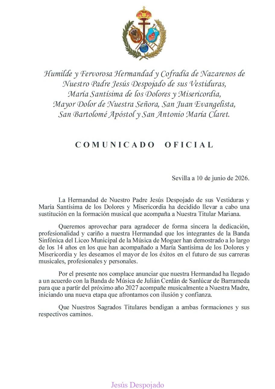 En este momento estás viendo Comunicado Oficial Hermandad de Jesús Despojado de sus Vestiduras