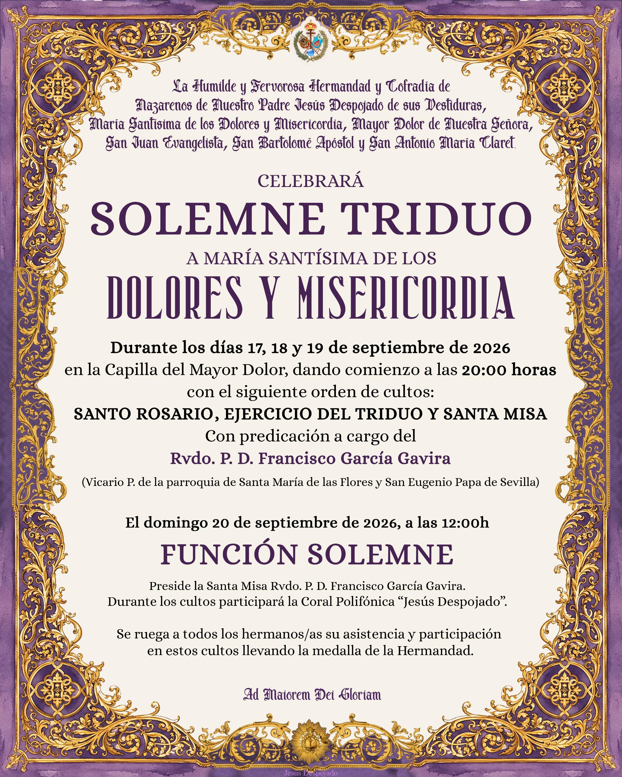 En este momento estás viendo CULTOS EN HONOR A MARÍA SANTÍSIMA DE LOS DOLORES Y MISERICORDIA